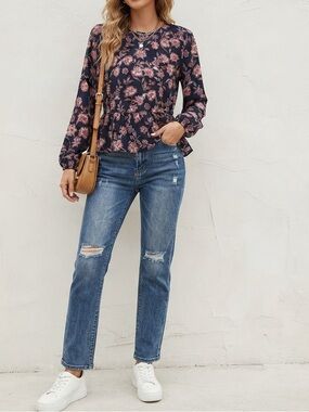 🔥$10 FINAL PRICE🔥Loft Black & Coral Floral Long Sleeve Peplum Blouse Split Neck🧡